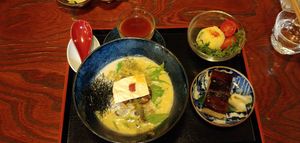 Towzen ramen set (thin noodle with soy milk soup, potato salad, teriyaki eggplant sushi, and soy milk pudding) at Vegan Ramen Towzen in Kyoto
