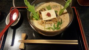 Musashi (yuba and mushroom) thick noodles at Vegan Ramen Towzen in Kyoto