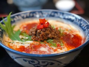 Tantan style ramen with cream broth and chilies  at Vegan Ramen Towzen in Kyoto