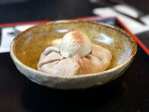 Homemade apple pie a la mode (soy ice cream) at Vegan Ramen Towzen in Kyoto