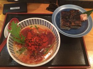 Tantanmen and eggplant sushi at Vegan Ramen Towzen in Kyoto