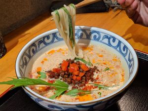 large tantan ramen with soy meat and rice noodles (gluten free noodles).  at Vegan Ramen Towzen in Kyoto