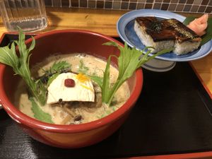 Ramen with eggplant sushi at Vegan Ramen Towzen in Kyoto