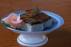Aubergine sushi at Vegan Ramen Towzen in Kyoto