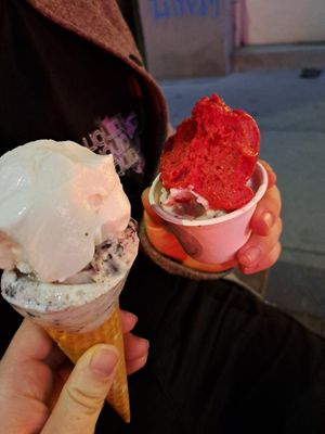 Kokos und Cookies in der Waffel, Black Forest und Himbeere im Becher at Veganista Ice Cream III in Vienna