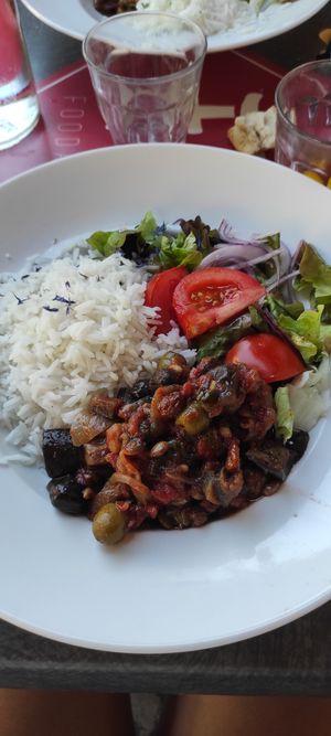 Caponata, rice and salad. at Food & Brew in Blois