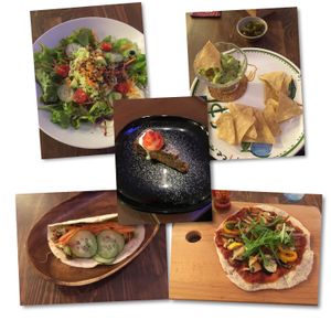 Salad, chips and guacamole, bean taco, pizza and dessert  at La Quinua in Kagoshima
