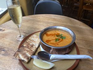Tomato and lentil soup with bread   at Mezze Bar in Auckland