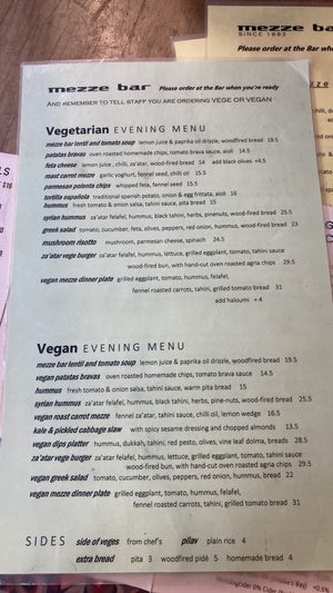 Menu  at Mezze Bar in Auckland