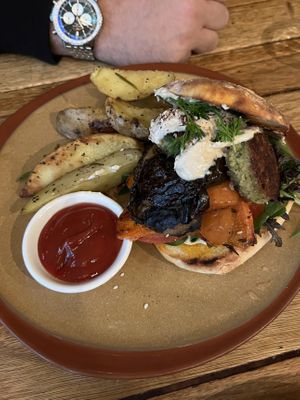 Burger with homemade ‘chips'  at Mezze Bar in Auckland