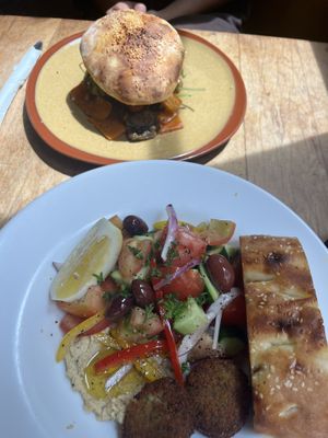 falafel burger & greek salad  at Mezze Bar in Auckland