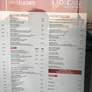 menu at I Toscani in Qbajjar