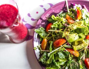 Mixed berries smoothie and avocado green salad. at Yoga House & Spa in Koh Samui