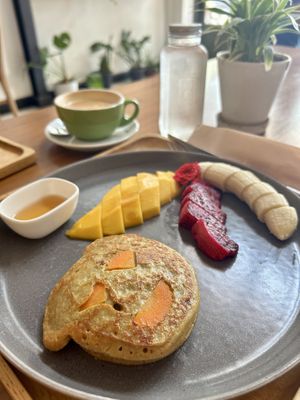 Gluten free oat pancakes with tropical fruits  at Coco&Co in Vientiane