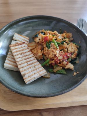 Scrambled tofu with focaccia bread at Coco&Co in Vientiane