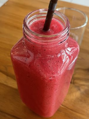 Red dragonfruit and mango fruit shake, 70,000 kip  at Coco&Co in Vientiane