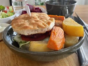 Coco&co burger, made with a focaccia instead of a bun, 125,000 kip  at Coco&Co in Vientiane