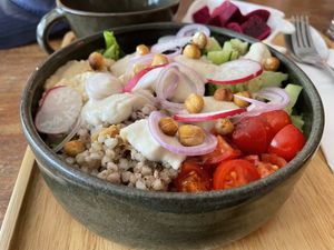 Hummus bowl (106,000 kip) as a lunch set (+50,000 kip). The lunch set was supposed to include a salad (it didn’t) and the soup was about 3 spoonfuls, so a total rip-off at 50k ki at Coco&Co in Vientiane