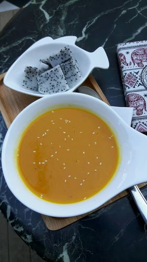 Pumpkin soup with fruits instead of bread (Bread not vegan) at Coco&Co in Vientiane