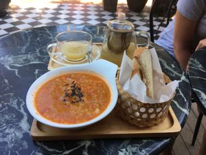 Ginger tea and lentil soup at Coco&Co in Vientiane