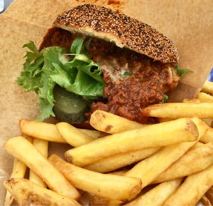 Vegan burger with pulled oats.  at Löyly in Helsinki