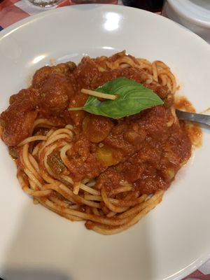 Pasta with Vegan Ragu (Seitan, carrots, peas, tomato sauce) at Tandem in Naples