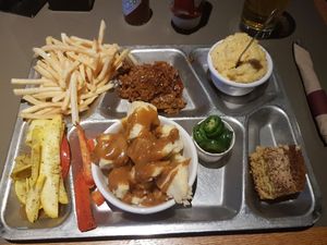 Veggie TV dinner with seitan and tofu at Double Wide Grill in Irwin