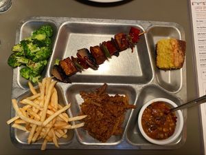 Vegan TV dinner (tofu skewer, bbq seitan, chili) at Double Wide Grill in Irwin