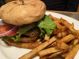 Aloha lentil burger and fries at Double Wide Grill in Irwin
