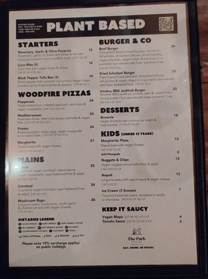 Menu at The Park in Werribee