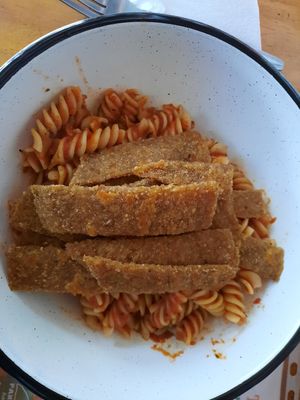 Pasta & milanesa at Akarma Vegan in Mexico City