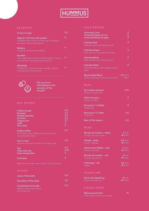 MENU EN Drinks at Hummus in Delft