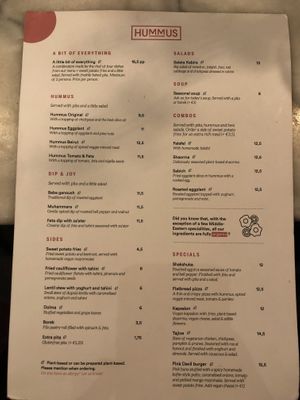 Menu  at Hummus in Delft