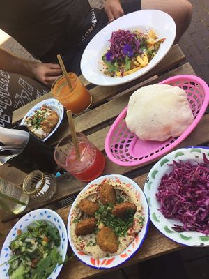Falafel, cauliflower and kapsalon in the back   at Hummus in Delft