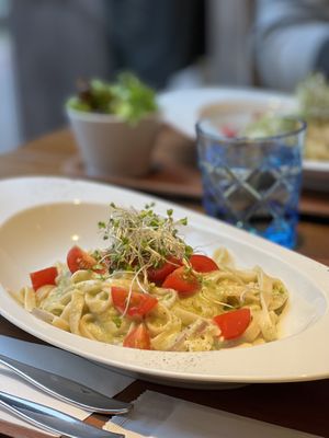 Brocolli soy cream pasta at En-Kitchen in Nagoya
