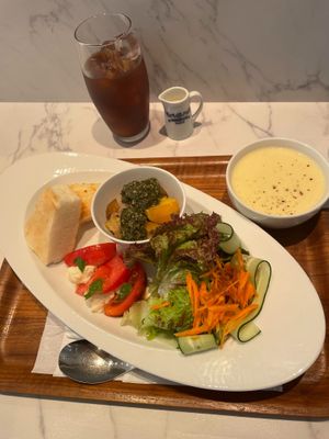 Vegan insalata capresse (salad) with soy corn soup and petso/onion/potato bowl + ice coffee with soy milk at En-Kitchen in Nagoya