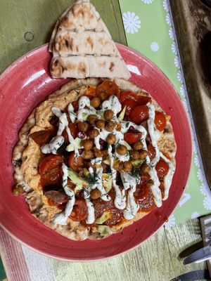 Vegan Moroccan aubergine flatbreadd  at Lounges - Nautico Lounge in Weymouth