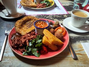 Vegan all-day breakfast + English Breakfast tea with soy milk at Lounges - Nautico Lounge in Weymouth