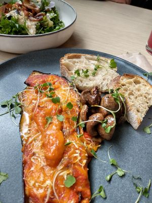 Lunch: aubergine and sourdough bread at Cardamomo in Bogota