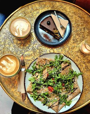 Avocado and Cherry tomato galette, Espresso Chocolate cake, Cappuccino at Hommage in Cologne