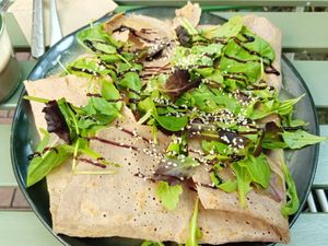 vegan galette with avocado, tomato, salad at Hommage in Cologne