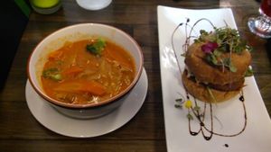 Thai soup with Beyond meat burger. at Restaurant L'Odika in Drummondville