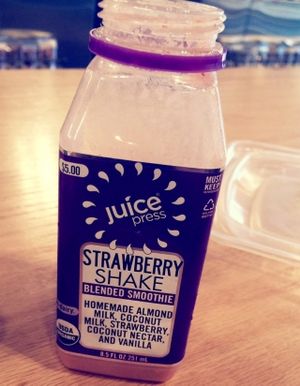 Strawberry shake to go at Juice Press in Chestnut Hill