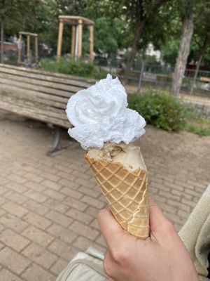 vegan ice cream in a vegan waffle with vegan whipped cream  at Balaram Eis in Berlin