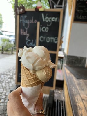 Yuzu cheesecake and hazelnut vegan ice cream and cone  at Balaram Eis in Berlin
