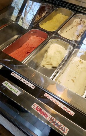 Display of vegan ice cream with various flavors - excerpt at Balaram Eis in Berlin