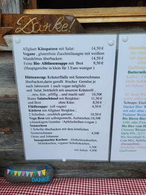 Menu at Huendeleskopfhuette in Pfronten-kappel