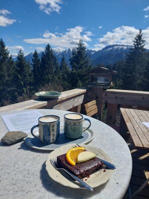Vegan chocolate cake and cappuccino with oat milk at Huendeleskopfhuette in Pfronten-kappel