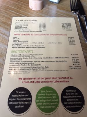 Menu  at Huendeleskopfhuette in Pfronten-kappel