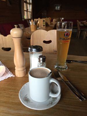 Hot oat chocolate and Russ (Wheat beer with sprite) at Huendeleskopfhuette in Pfronten-kappel